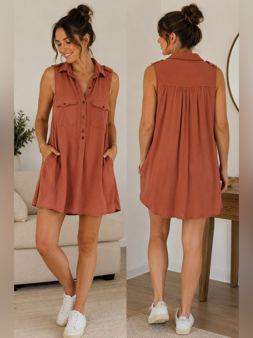 entro Sleeveless Button-Front Dress in Rust